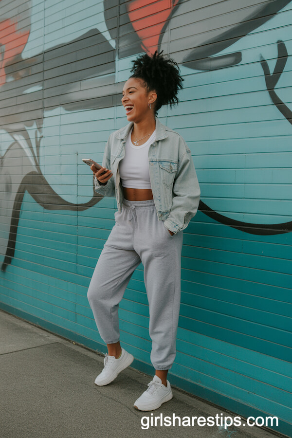Gray Jogger Pants with Denim Jacket