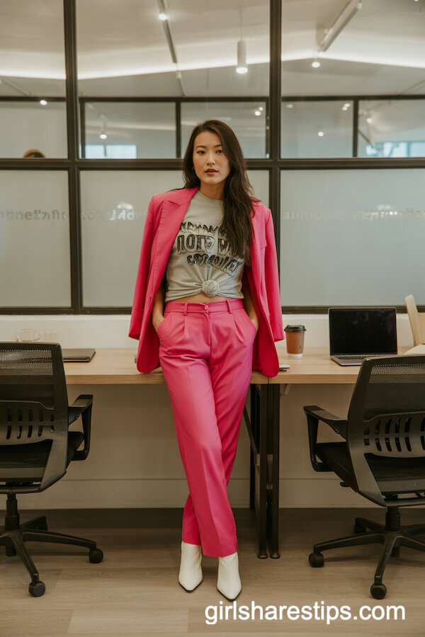 Hot Pink Suit Pants with Graphic Tee