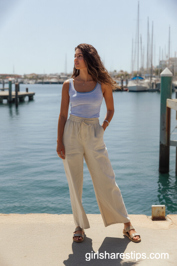 Beige Linen Wide-Leg Pants with Striped Tank