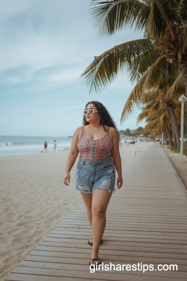 Cutoff shorts with swimsuit and flip-flops