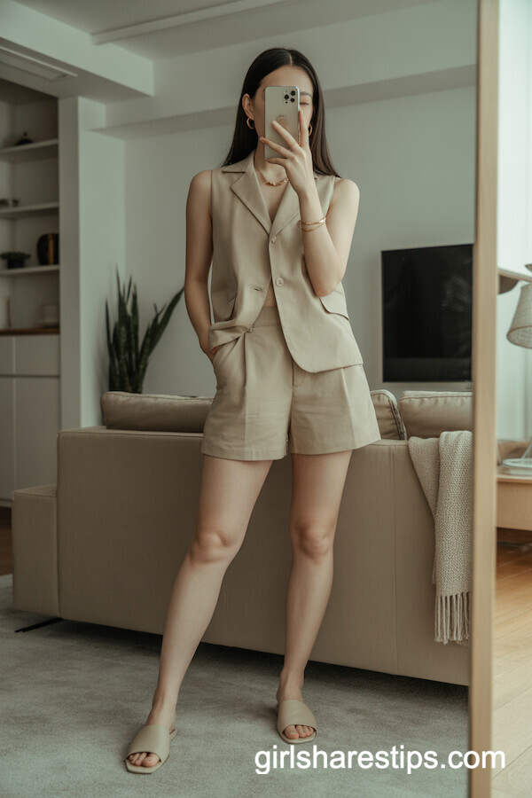 Monochrome shorts with sleeveless top and slides