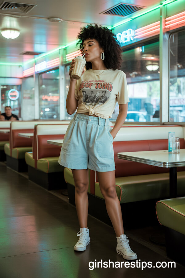 Paperbag shorts with band tee and sneakers