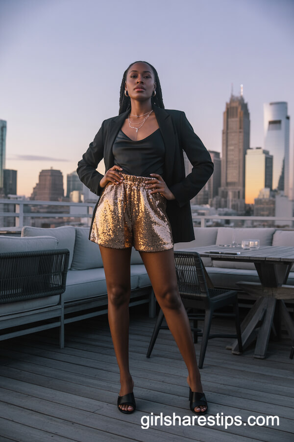Sequin shorts with blazer and mules