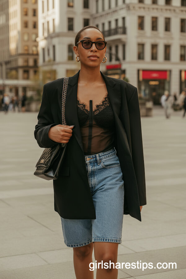 Denim Bermuda shorts with camisole and blazer