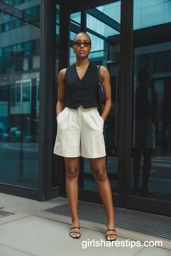 Tailored shorts with vest and sandals