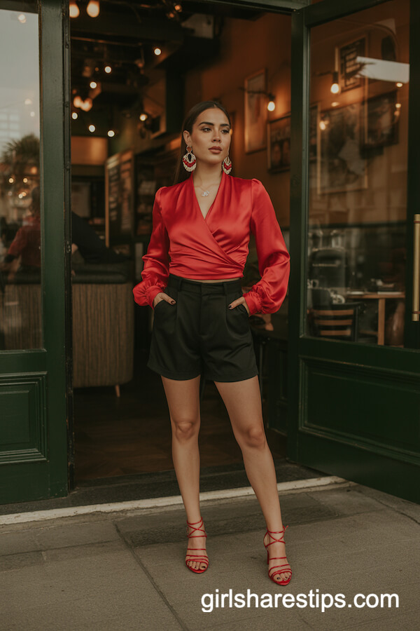 Black shorts with wrap blouse and red heels