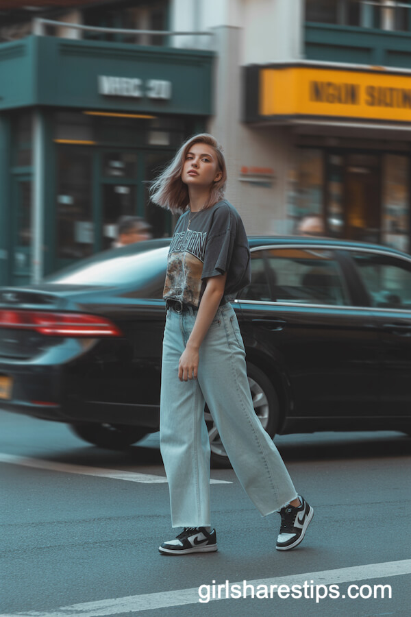 Wide-Leg Jeans + Graphic Tee + Nike Sneakers