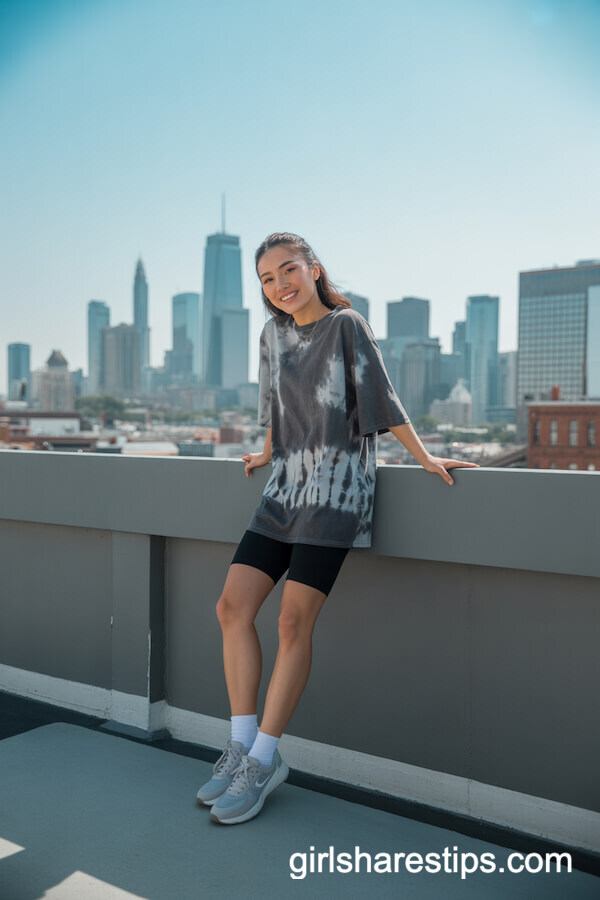 Biker Shorts + Tie-Dye Tee + Athletic Sneakers