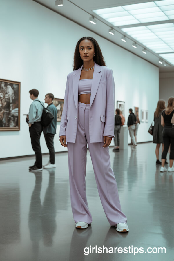 Pastel Suit + Crop Top + Trendy Sneakers