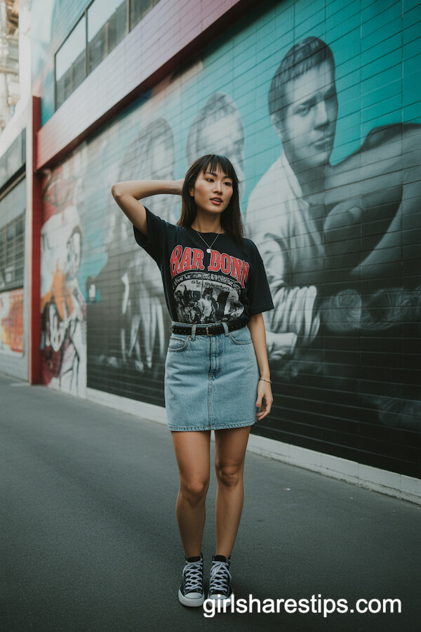 Denim Skirt + Band Tee + High-Tops