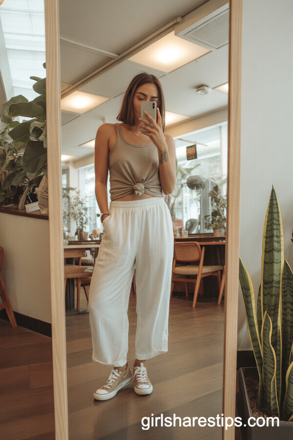 Linen Pants + Tank + Low-Profile Sneakers