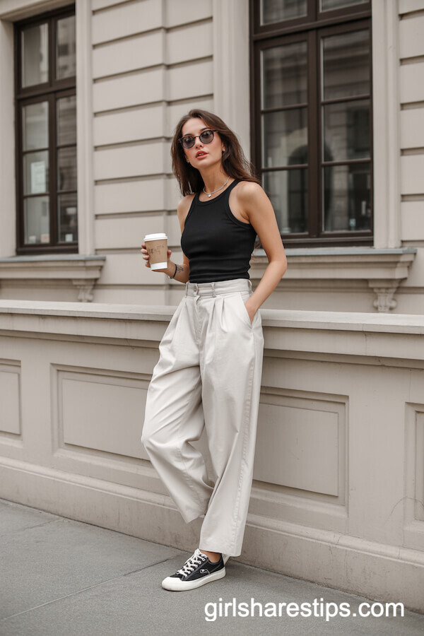 Black Tank + White Trousers + Black & White Sneakers