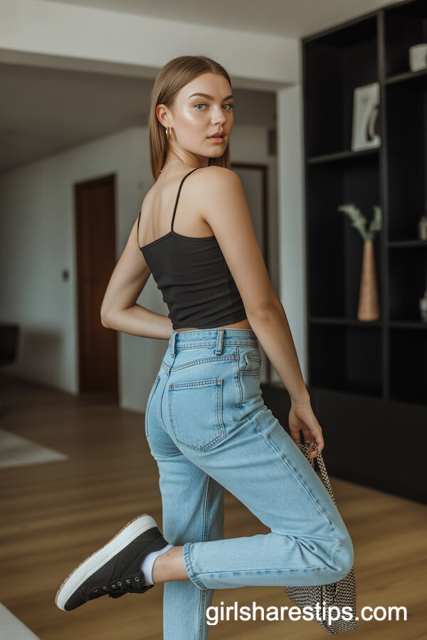 Spaghetti Strap Top + Jeans + Sneakers