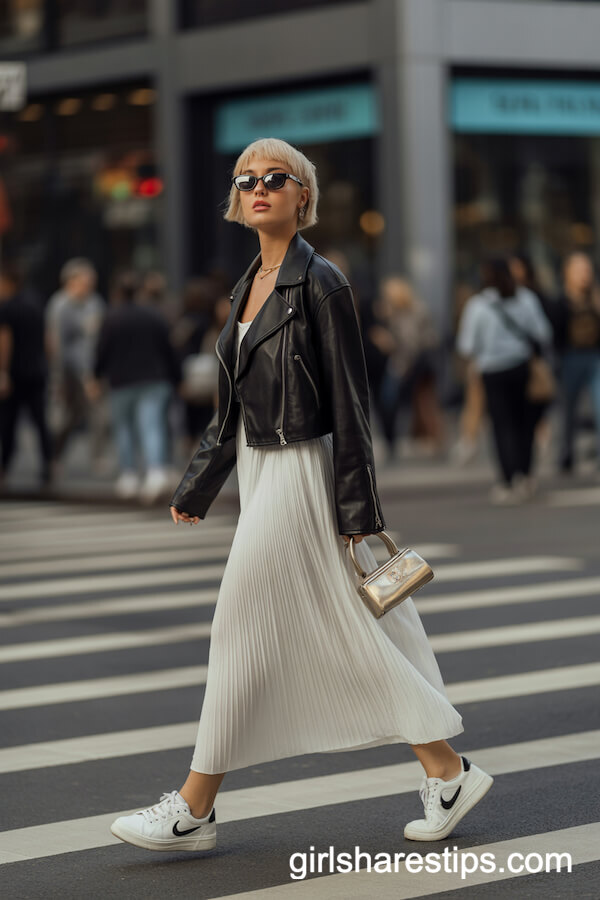 Leather Jacket + Maxi Skirt + White Sneakers