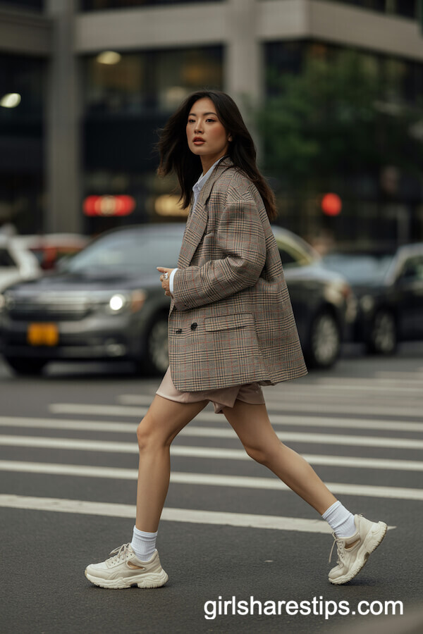 Plaid Blazer + Shorts + Dad Sneakers