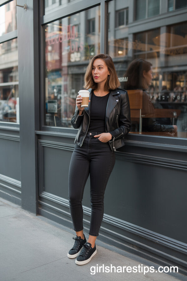 Black Jeans + Leather Jacket + Black Sneakers