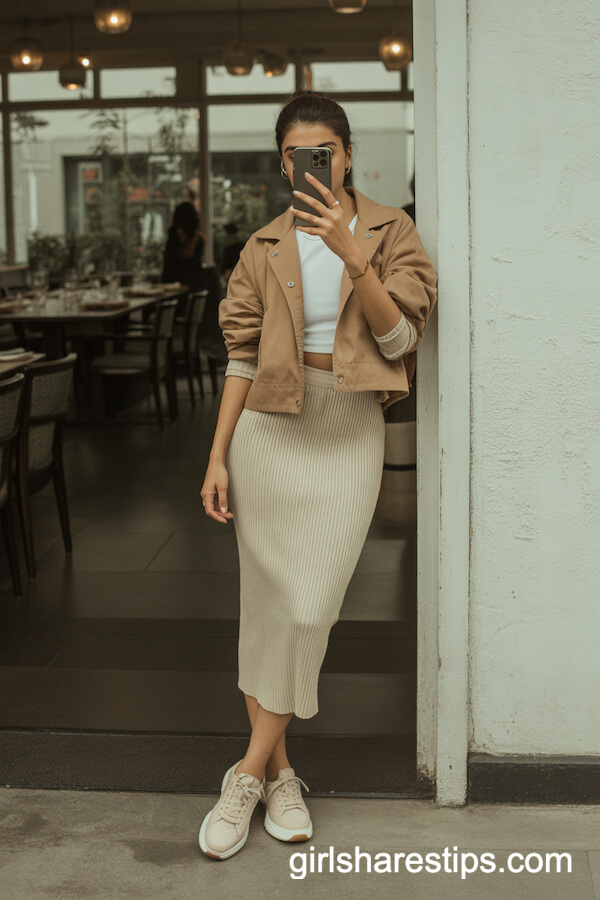 Midi Skirt + Tank + Cream Sneakers