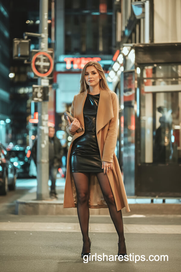 Camel Coat and Black Mini Dress