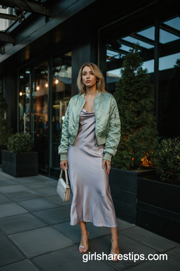 Sage Bomber Jacket and Satin Slip Dress