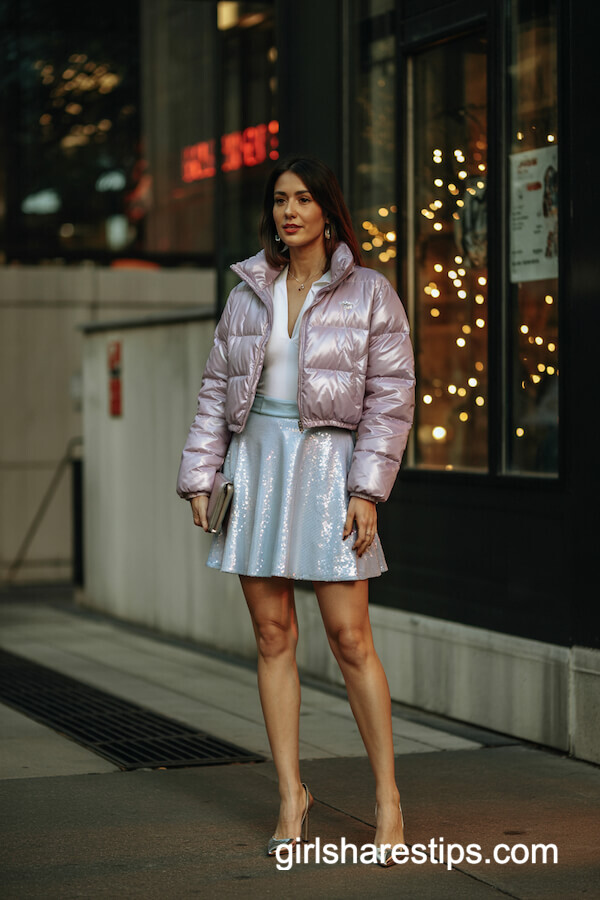 Lilac Puffer Jacket and Sequin Mini Skirt