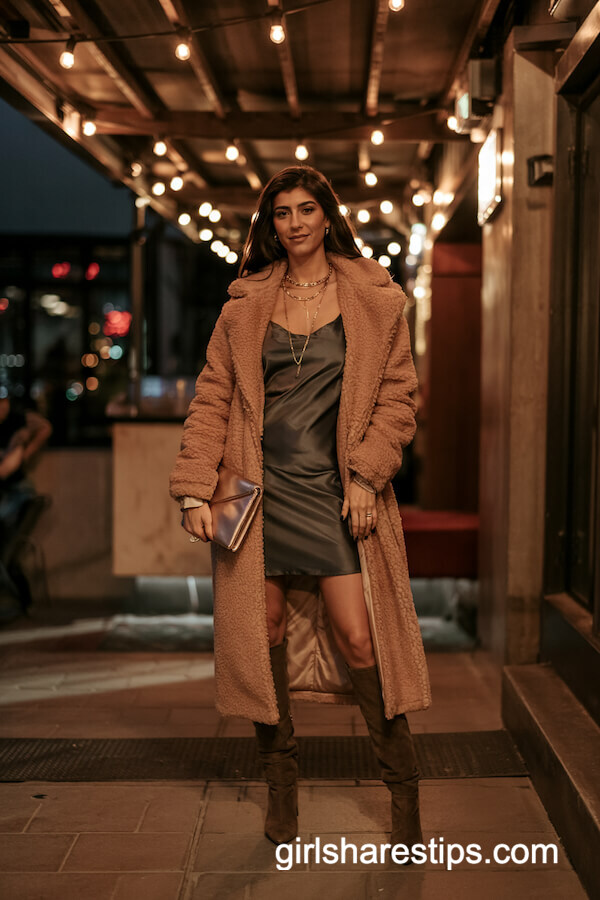 Teddy Coat and Silky Black Slip Dress