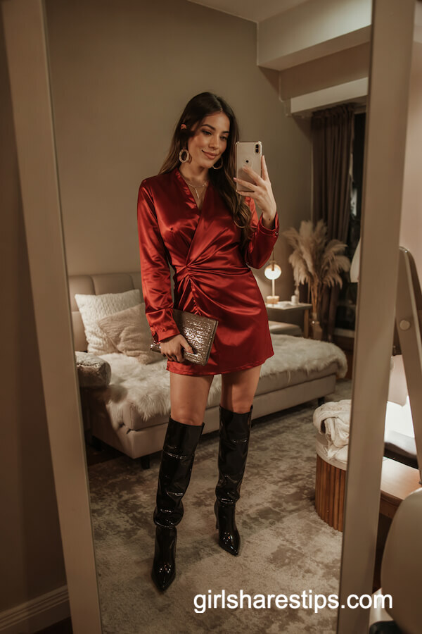 Red Satin Mini Dress and Knee-High Boots