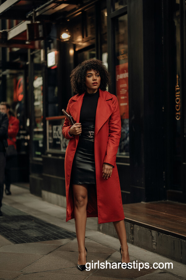 Red Wool Coat and Black Mini Dress