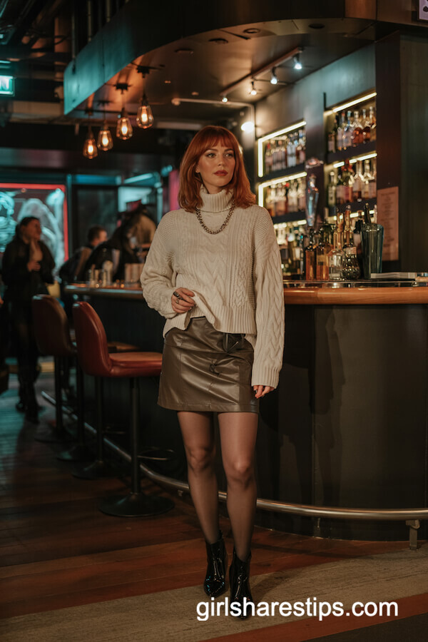 Chunky Knit Sweater and Leather Mini Skirt