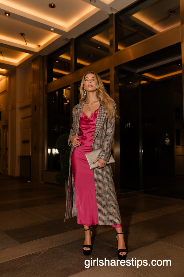 Houndstooth Coat and Hot Pink Slip Dress