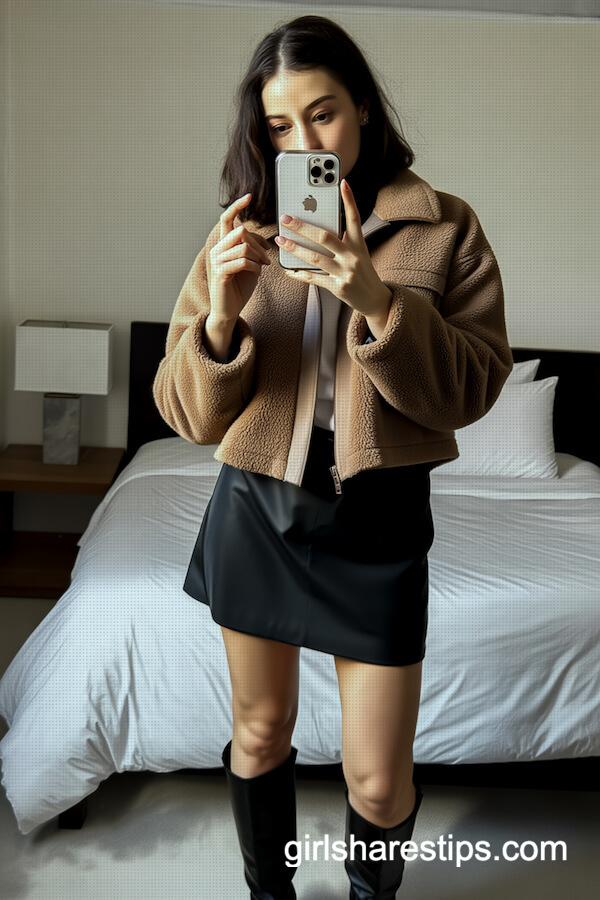 Teddy Jacket With Mini Skirt and Knee-High Boots