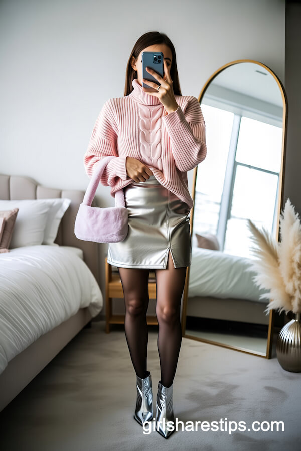Pink Turtleneck, Metallic Mini Skirt, and Ankle Boots