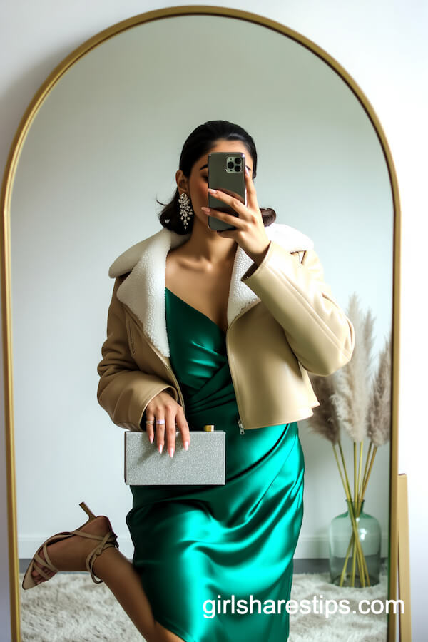 Green Satin Wrap Dress with Shearling Jacket