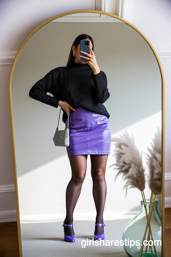 Glitter Turtleneck and Lavender Mini Skirt Combo