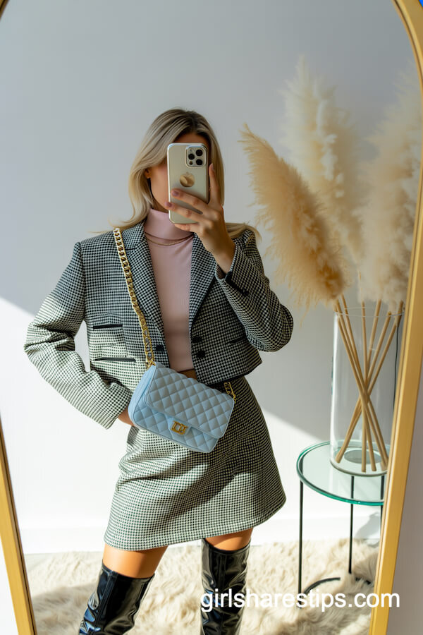 Houndstooth Set With Thigh-High Boots