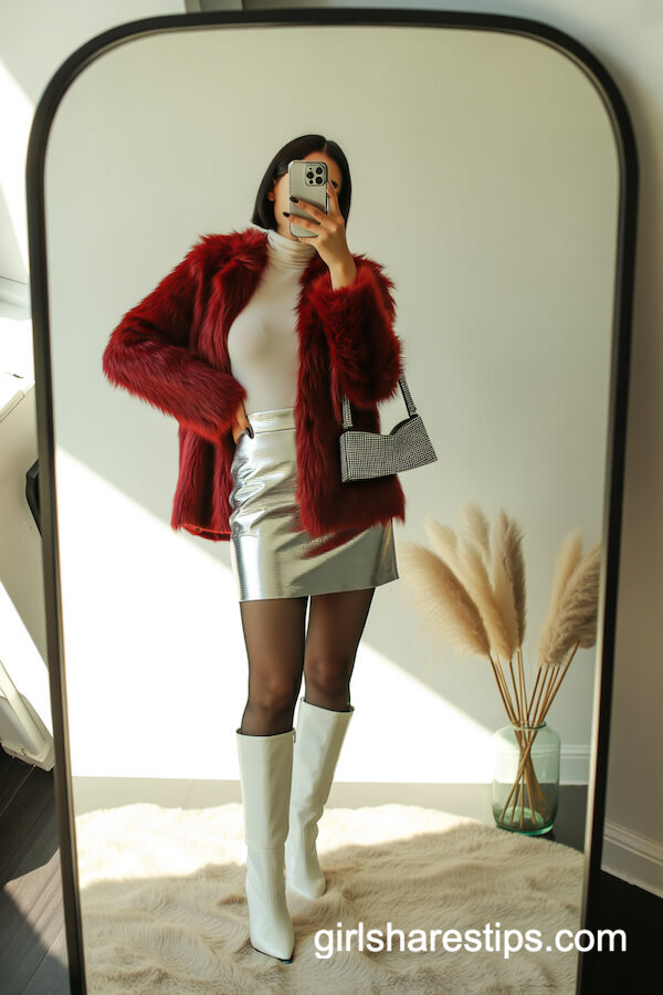 Red Teddy Coat and Silver Mini Skirt Ensemble