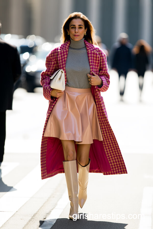 Plaid Wool Coat and Blush Mini Skirt