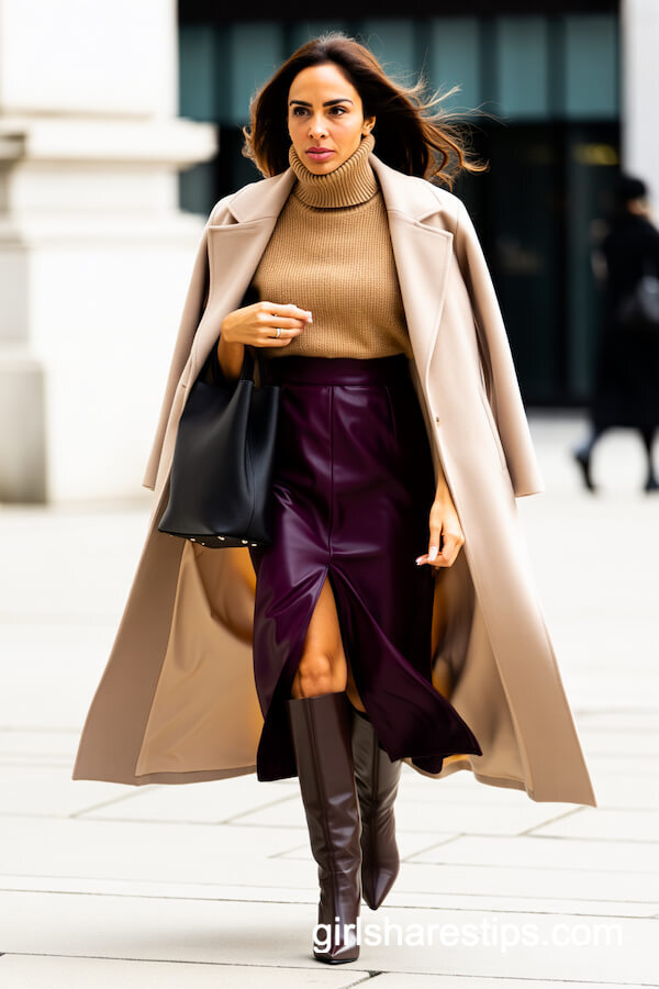 Camel Turtleneck With Plum Midi Skirt