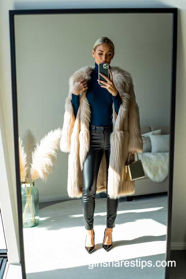 Cream Faux Fur Coat and Black Leather Pants