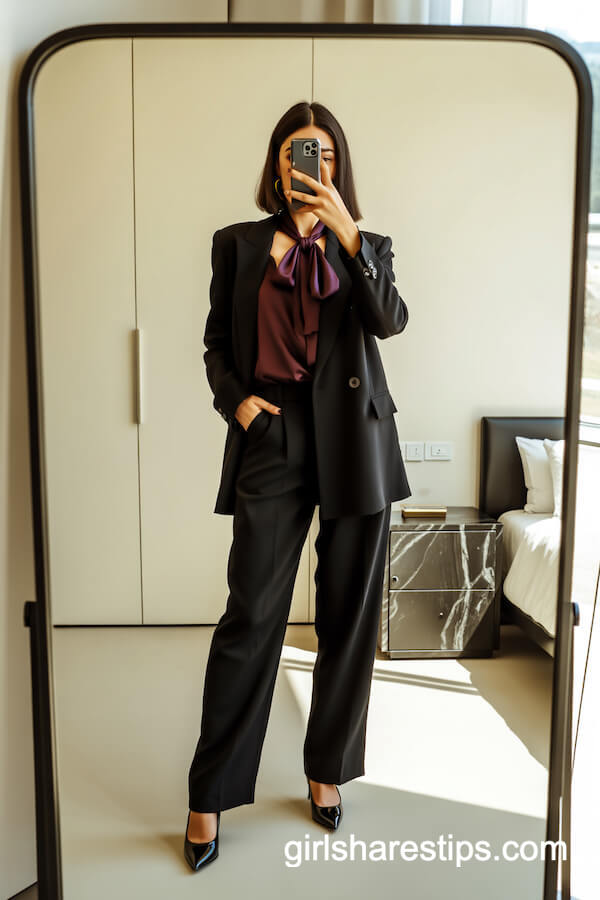 Tailored Black Pantsuit With Burgundy Blouse