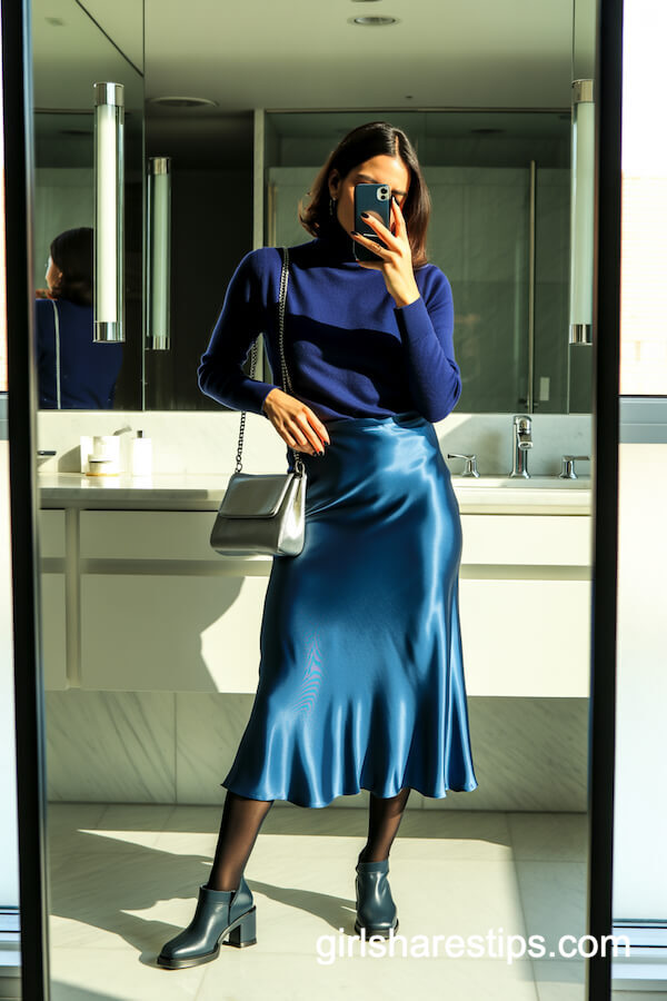 Navy Turtleneck and Sapphire Satin Midi Skirt