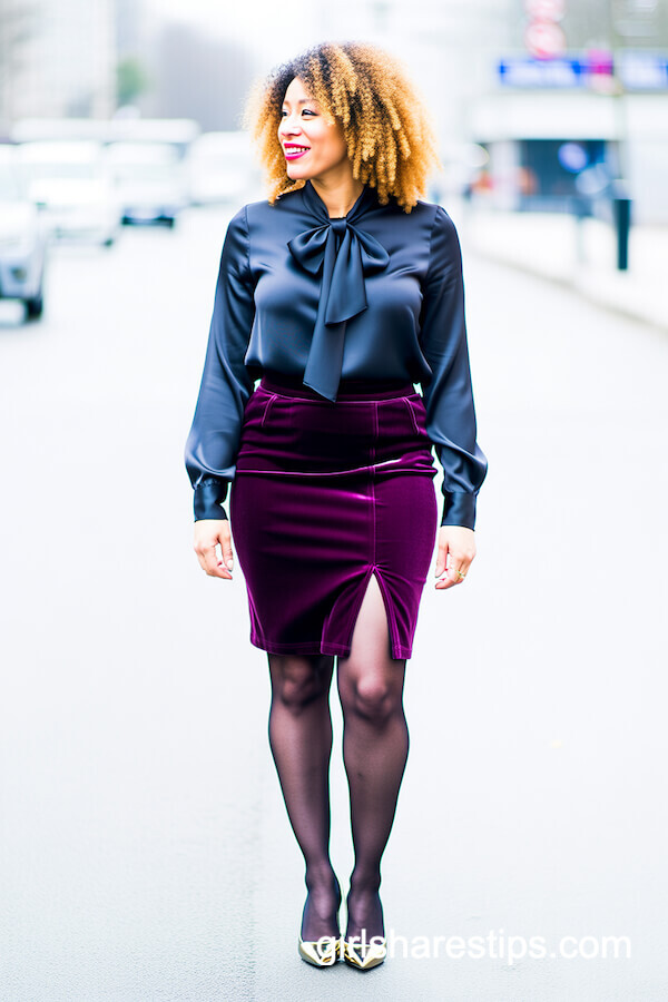 Charcoal Satin Blouse and Velvet Pencil Skirt
