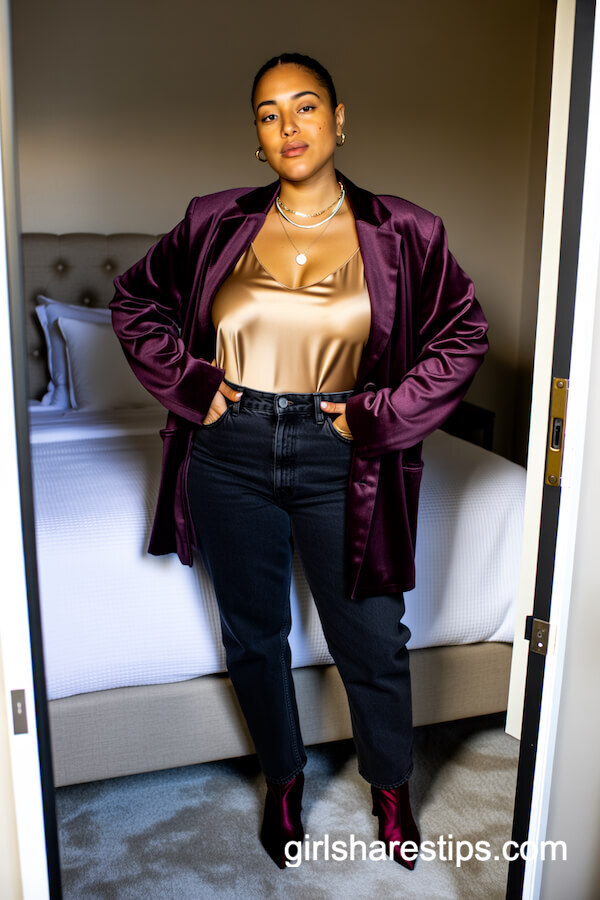 Plum Velvet Blazer With Gold Satin Camisole