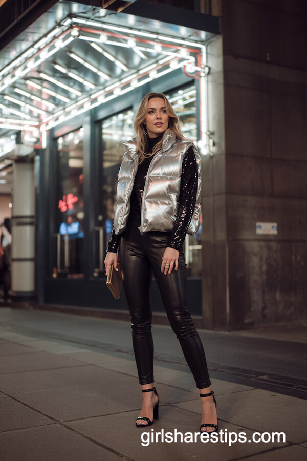 Silver Puffer Vest and Faux-Leather Leggings