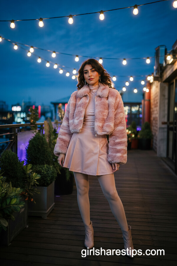 Pink Faux Fur Jacket and Mini Skirt