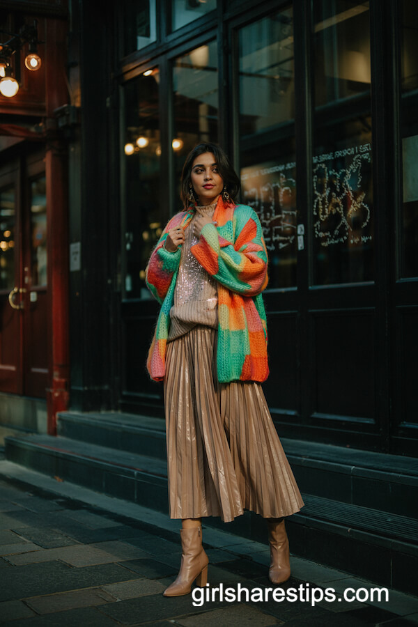 Chunky Scarf and Metallic Pleated Skirt