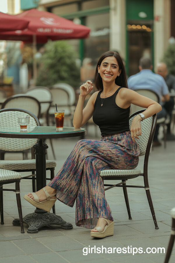 Flowy Multicolor Printed Palazzo Pants with Fitted Black Tank Top