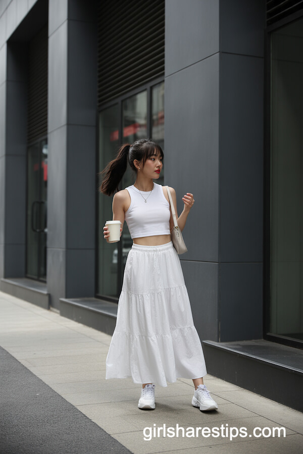White Sleeveless Crop Top with Flowing White Tiered Maxi Skirt