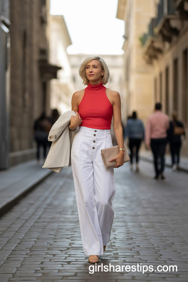 Sleeveless High-Neck Red Top with White Wide-Leg Pants