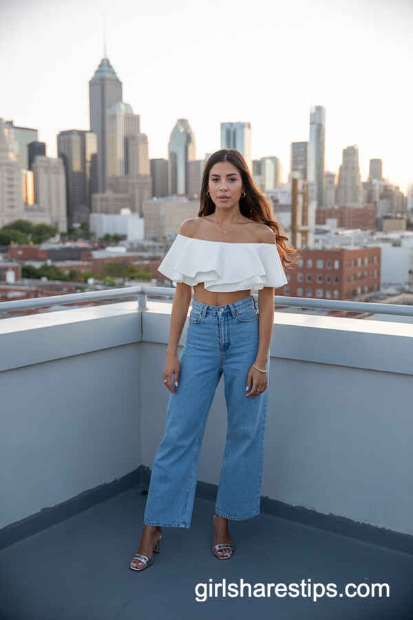 High-Waisted Blue Jeans with White Off-the-Shoulder Ruffle Top
