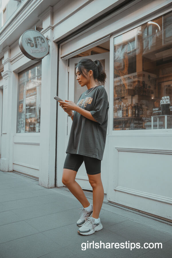 Black Biker Shorts with Oversized Graphic Tee and Chunky Sneakers